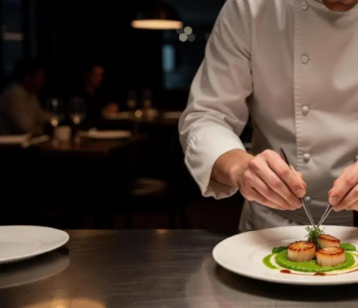 Szef kuchni dopracowuje plating dania w nastrojowo oświetlonej kuchni