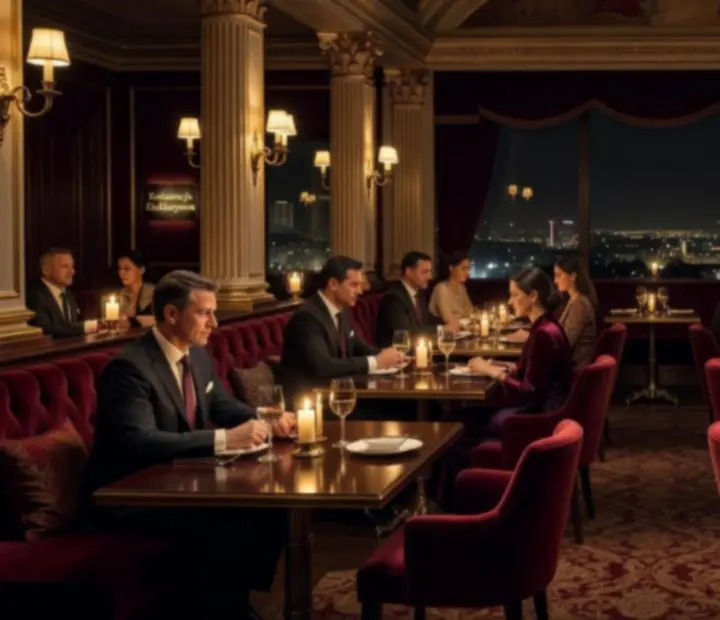 Wieczorna sala restauracyjna z elegancko nakrytymi stołami
