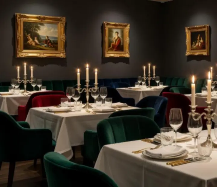 Ciemne, eleganckie wnętrze restauracji oświetlone świecami