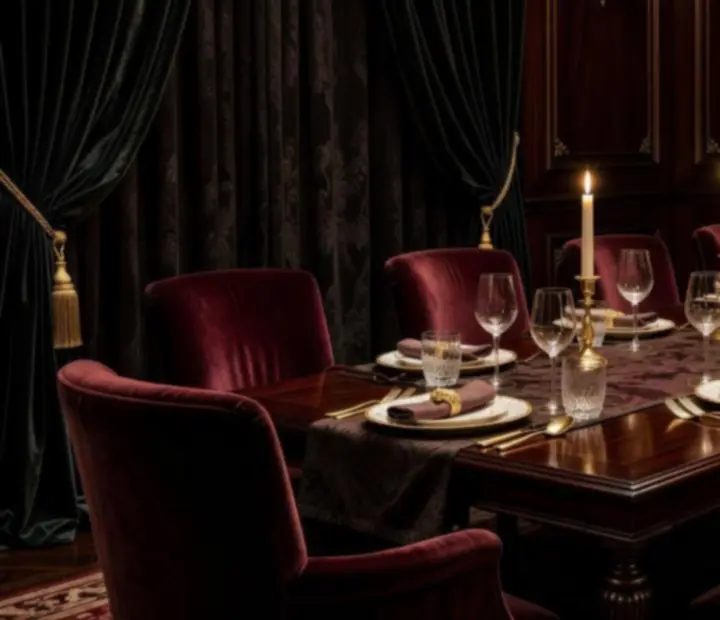 Prywatny salon restauracyjny z eleganckim oświetleniem i nakrytym stołem