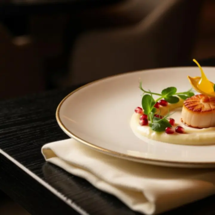 Zbliżenie na dopracowane w detalu danie główne w stylu haute cuisine