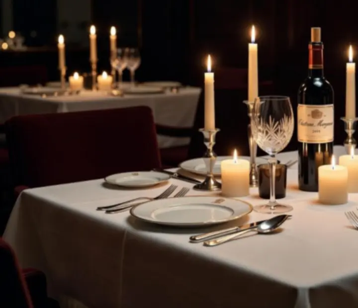 Elegancki stół restauracyjny z butelką wina i świecami