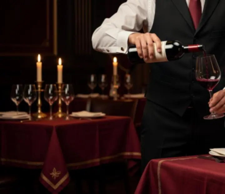 Sommelier nalewający wino do kieliszka w eleganckim wnętrzu